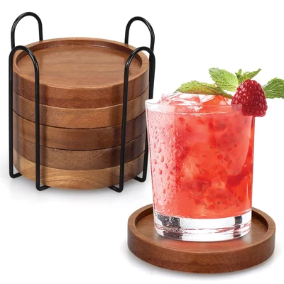 6 Pcs Best Wooden Coasters with Holder Coffee Table Decor Acacia Wood Coaster Set Modern Cup Coaster